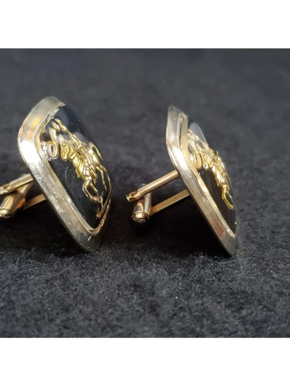 Vintage Warrior Cufflinks Gold Tone Black Equestrian 1.25